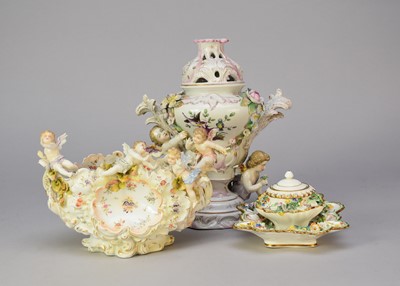 Lot 409 - Two German porcelain vases and a Coalbrookdale floral-encrusted inkwell
