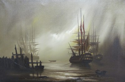 Lot 138 - Twentieth Century School . Men -O'-War  moored off-shore at low tide