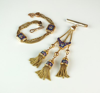 Lot 59 - A yellow metal and enamel bracelet and brooch suite