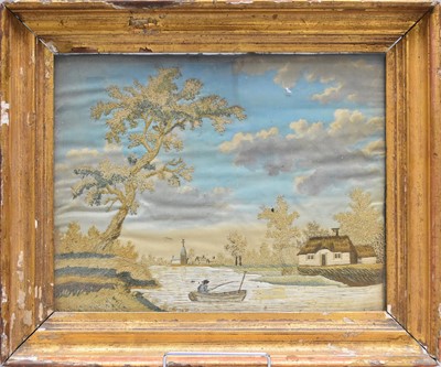 Lot 571 - A 19th century embroidery, depicting a fisherman on a river
