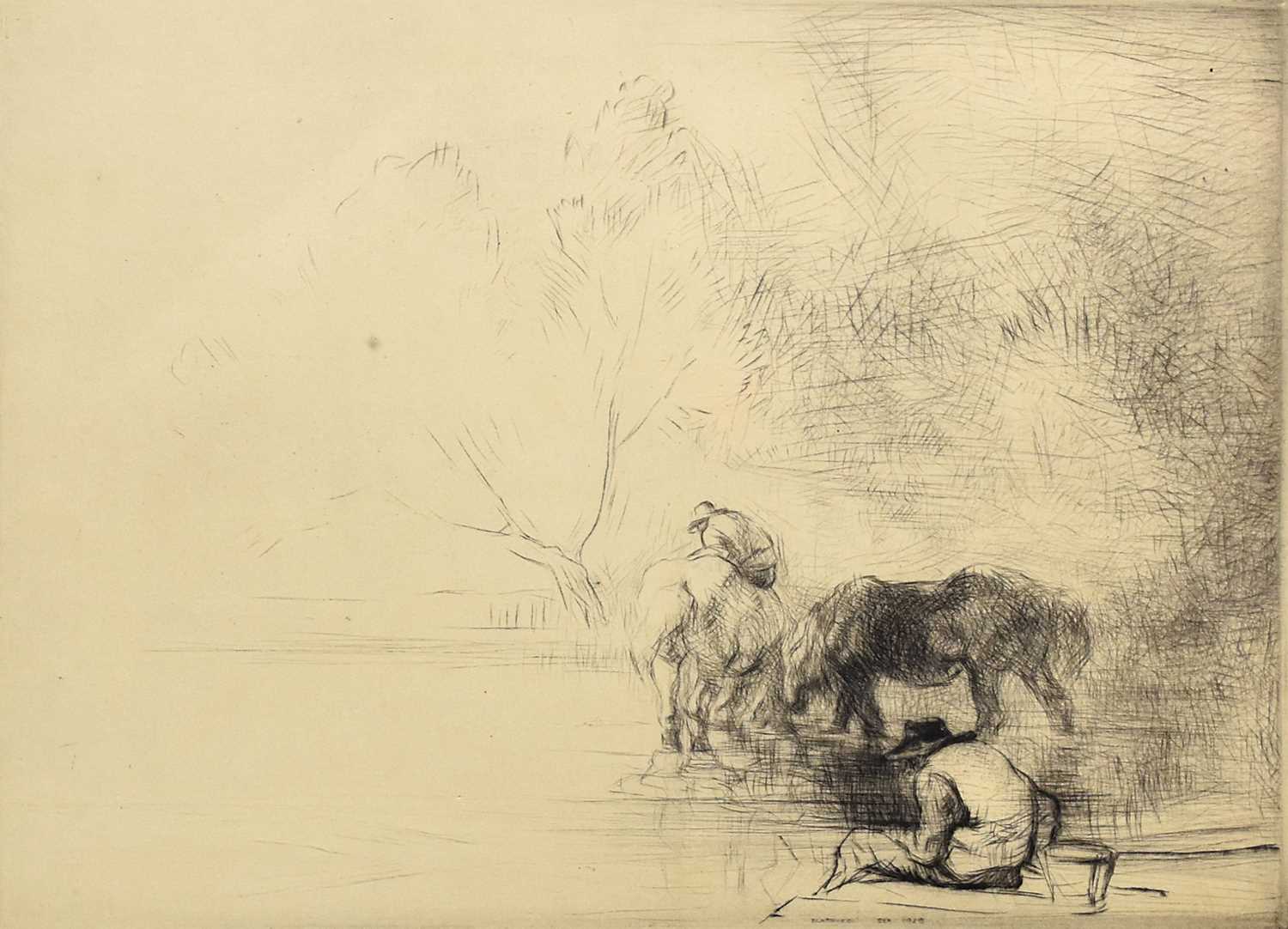 Lot 335 - Edmund Blampied British, 1886-1966), two horses watering, etching, 22.5cm x 30.8cm (I)