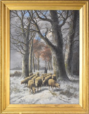 Lot 242 - Alexis de Leeuw (Fl.1848-1896), a flock of sheep in a snowclad landscape, oil, 102 x 76cm