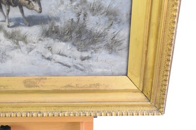 Lot 242 - Alexis de Leeuw (Fl.1848-1896), a flock of sheep in a snowclad landscape, oil, 102 x 76cm