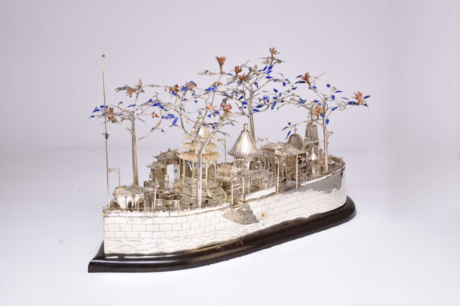 193 - A very large and unusual Chinese enamelled silver plated and silver model of a ship