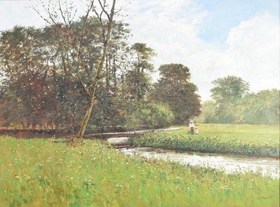 Lot 288 - Charles Neal (b. 1951) Mother and Child walking through a Meadow beside a stream