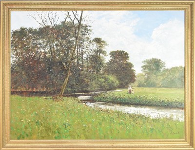 Lot 288 - Charles Neal (b. 1951) Mother and Child walking through a Meadow beside a stream