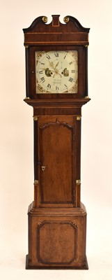 Lot 549 - A George III inlaid oak and mahogany painted dial longcase clock