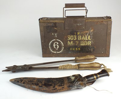 Lot 55 - WW2 medals, Gurkha knife, ammo box, WW1 wirecutters, WW1 photograph
