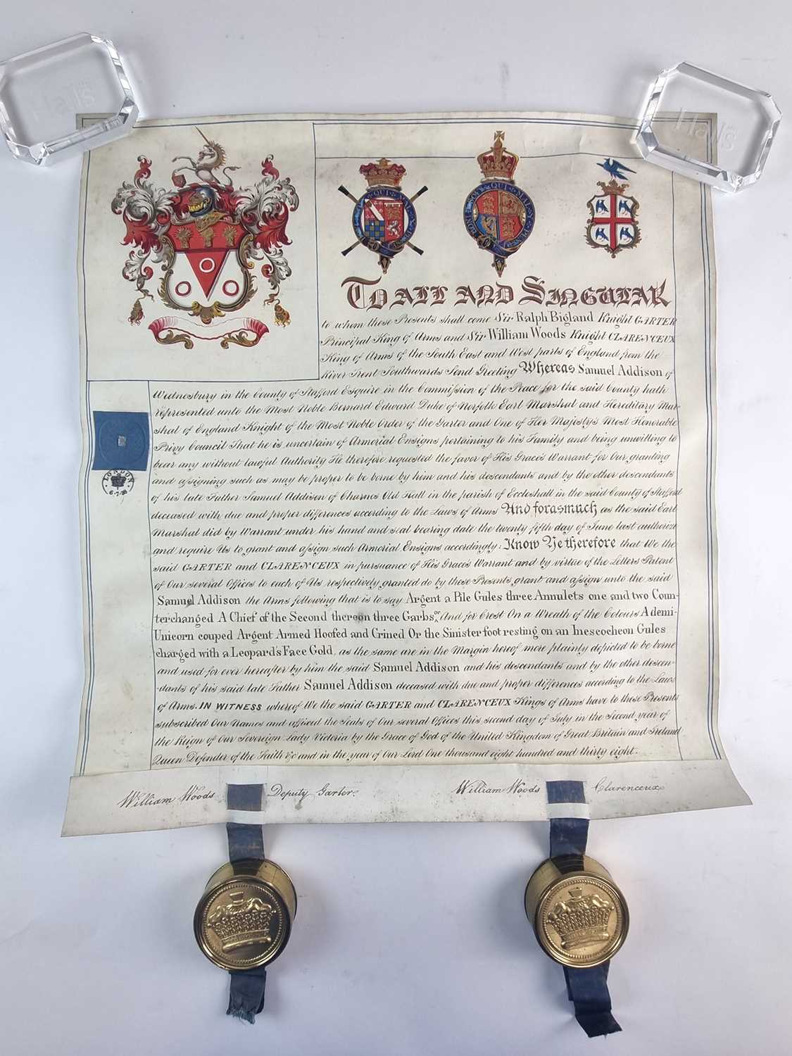 Lot 1085 - GRANT OF ARMS to Samuel Addison of Wednesbury