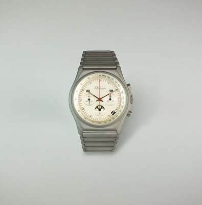Lot 94 - A Zenith Titanium triple calendar chronograph bracelet wristwatch with moon phases