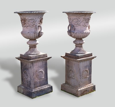 Lot 251 - A good and impressive pair of cast iron campana urns and pedestals