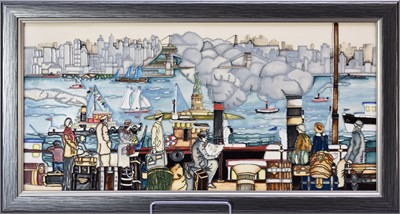 Lot 391 - A large rectangular Moorcroft plaque titled 'Coming to America'