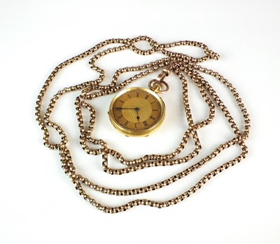 Lot 93 - A yellow metal open face pocket watch with yellow metal guard chain