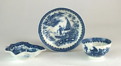 Lot 361 - Caughley 'Fisherman' pickle dish, tea bowl and saucer