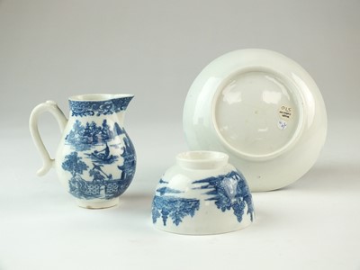 Lot 125 - Caughley 'Temple' pattern sparrow beak jug, tea bowl and saucer