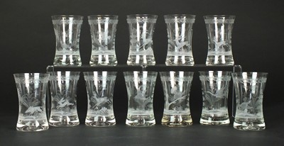 Lot 376 - A suite of twelve Lobmeyr-style engraved drinking glasses, mid-20th century