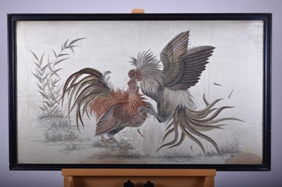 Lot 100 - A Japanese silk embroidery of a cock fight, Meiji era