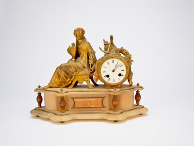 Lot 496 - A late 19th century French gilt spelter and alabaster mantel clock