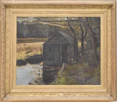 Lot 350 - Henry H.Power (British School, 19th century), boathouse, oil, , 41 x 51.5cm