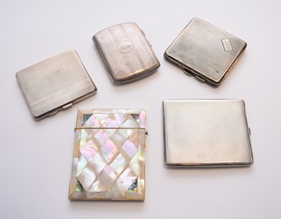 Lot 50 - A collection of four silver cigarette cases and a mother of pearl card case