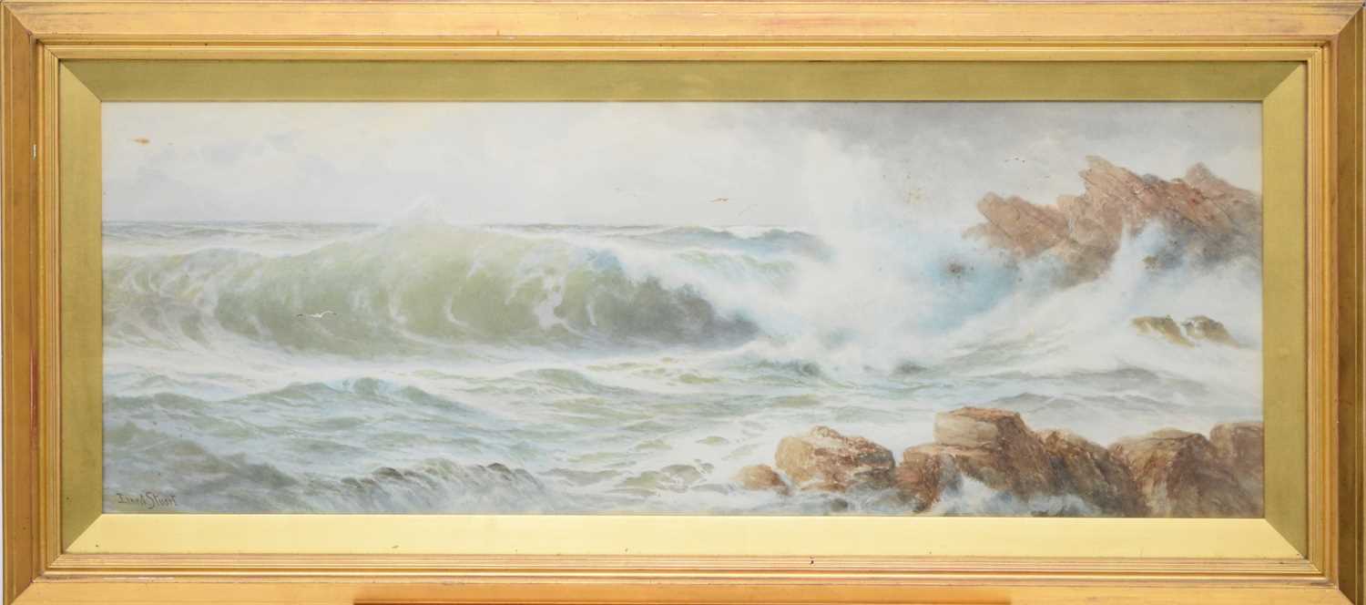 Lot 312 - Ernest Stuart (Fl.1889-1915), waves crashing, watercolour, 35 x 98cm