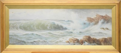 Lot 312 - Ernest Stuart (Fl.1889-1915), waves crashing, watercolour, 35 x 98cm