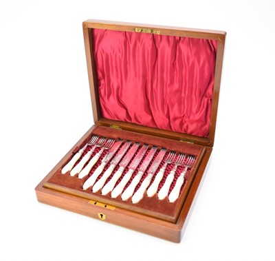 Lot 16 - A cased set of twenty-four mother of pearl handled silver fruit knives and forks