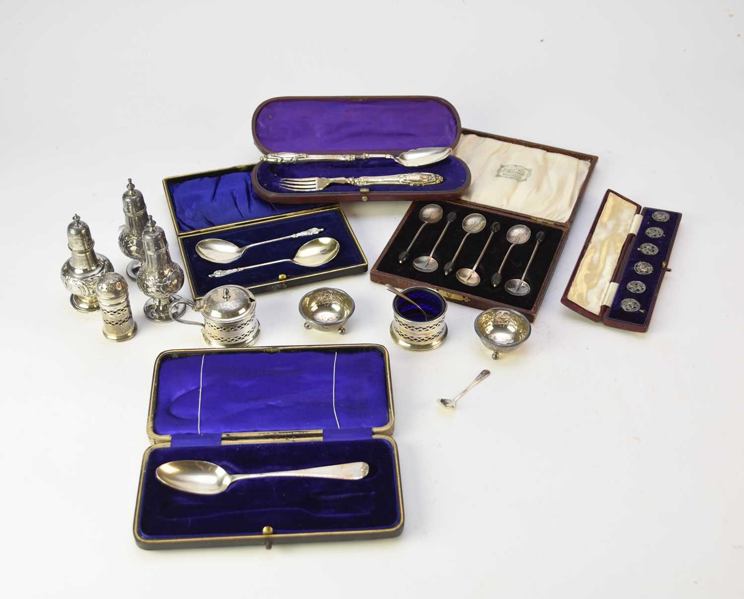 Lot 27 - A collection of silver cruets and cased silver flatware