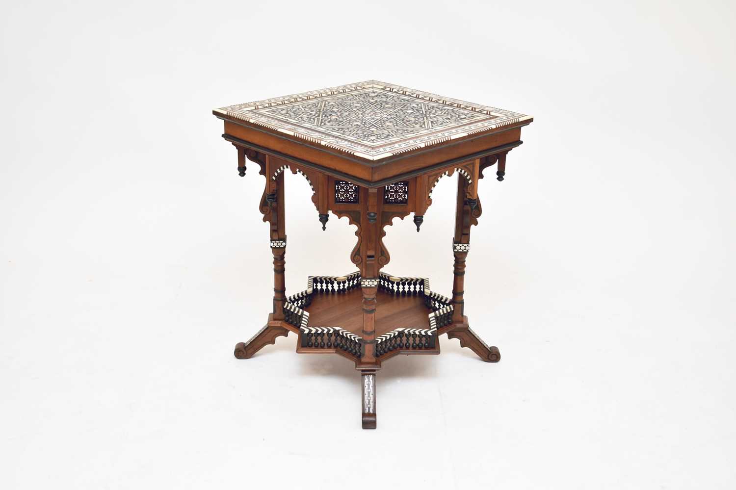 Lot 268 - A good and rare 19th century Egyptian, architectural-form, inlaid centre table