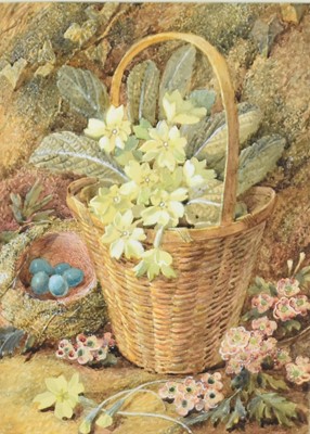 Lot 218 - Vincent Clare (1855-1930). Primroses and Bird's Nest on a mossy Bank