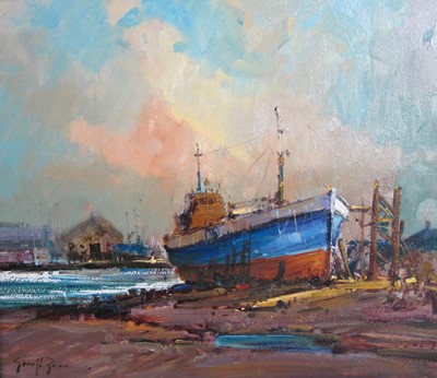 Lot 340 - Gerrit Roon (b.1937) Shore  view with beached fishing boat at low tide