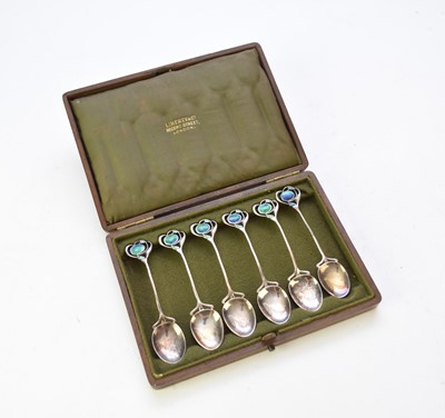 Lot 39 - A cased set of Liberty & Co Art Nouveau silver and enamel teaspoons
