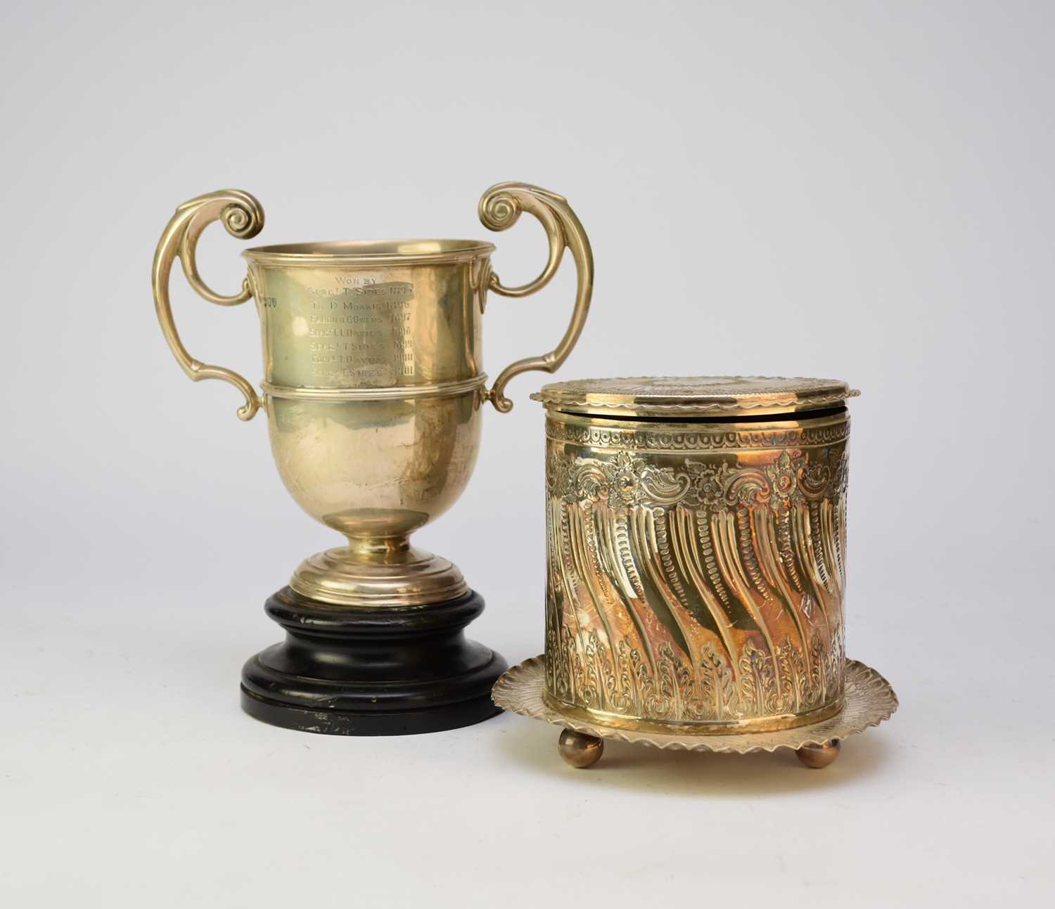 Lot 40 - A Victorian silver two handled trophy cup and a plated biscuit barrel