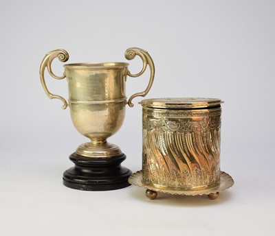Lot 40 - A Victorian silver two handled trophy cup and a plated biscuit barrel