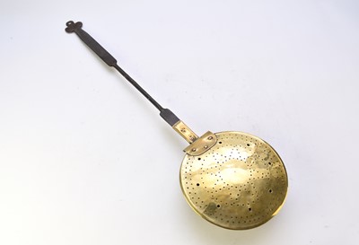 Lot 514 - A blacksmith made iron, brass and copper warming pan