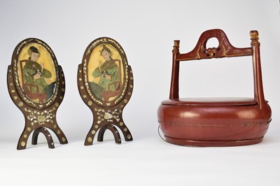 Lot 449 - A Chinese lacquer wedding basket, a pair of inlaid table screens and a rosewood tray