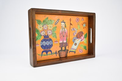 Lot 449 - A Chinese lacquer wedding basket, a pair of inlaid table screens and a rosewood tray