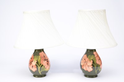 Lot 360 - Pair of Moorcroft 'Green Hibiscus' table lamps