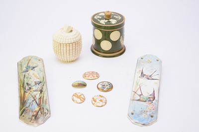 Lot 377 - A group of Copeland cameo plaques, Limoges plaque, Copeland tobacco jar and pair of doorplates