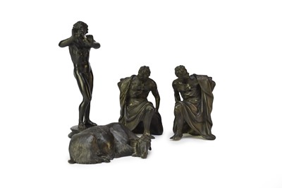 Lot 548 - A late 19th century patinated bronze figure of a faun and a pair of classical figures and a goat (4)