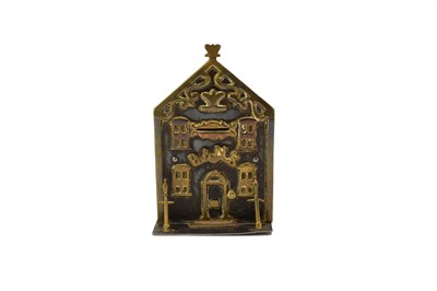 Lot 580 - A 19th century brass and cast iron money box in the form of a bank, 20cm high