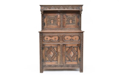 Lot 655 - A 20th century, 17th century style, oak court cupboard, 107cm wide