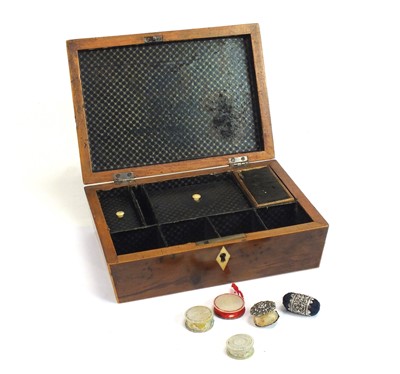 Lot 540 - Of sewing interest:- An 1820s/30s yew veneered work box and disc pin cushions and a waxer (6))