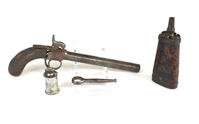 Lot 34 - A pistol powder flask by Twigg, with barrel key, oil bottle and a percussion pistol