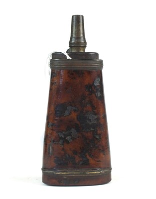 Lot 34 - A pistol powder flask by Twigg, with barrel key, oil bottle and a percussion pistol