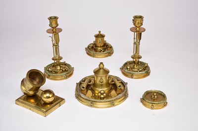 Lot 273 - Of marine interest:- A good Victorian lacquered brass desk set, with a similar match striker (6)