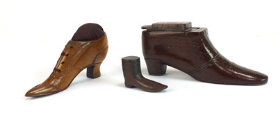 Lot 564 - A good 19th century pique decorated, mahogany snuff shoe, with a pin cushion shoe, plus one (3)