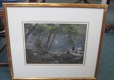 Lot 229 - Albert Goodwin  RWS ( British 1845-1932)- Figures by the river Conwy, The Fairy Glen