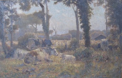 Lot 354 - Walter Schroder (British active 1885-1932).  Summer-Time- Cattle amidst  Trees