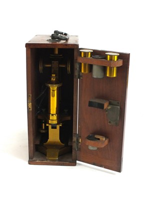 Lot 634 - A cased R & J Beck brass monocular microscope